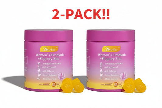 Leefer Women's Probiotic + Slippery Elm supplement container with yellow capsules on a white background