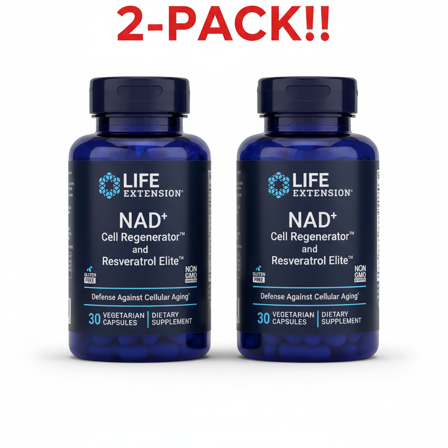 Blue supplement bottle labeled 'Life Extension NAD+ Cell Regenerator and Resveratrol Elite' on a white background