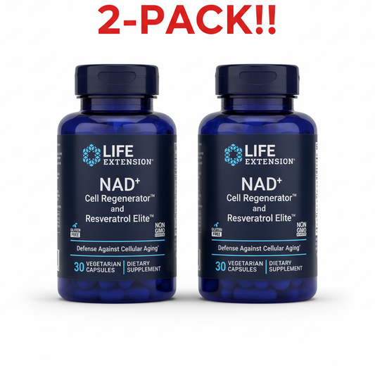 Blue supplement bottle labeled 'Life Extension NAD+ Cell Regenerator and Resveratrol Elite' on a white background