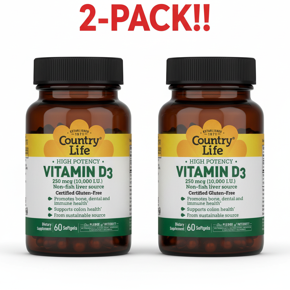 Bottle of Country Life Vitamin D3 supplement on a white background