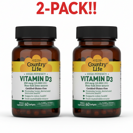 Bottle of Country Life Vitamin D3 supplement on a white background