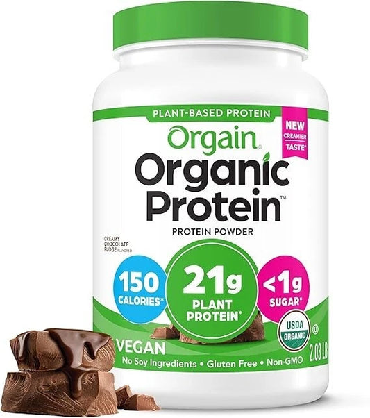 Orgain Organic Protein powder container with a green lid and white body, featuring nutritional information and branding.
