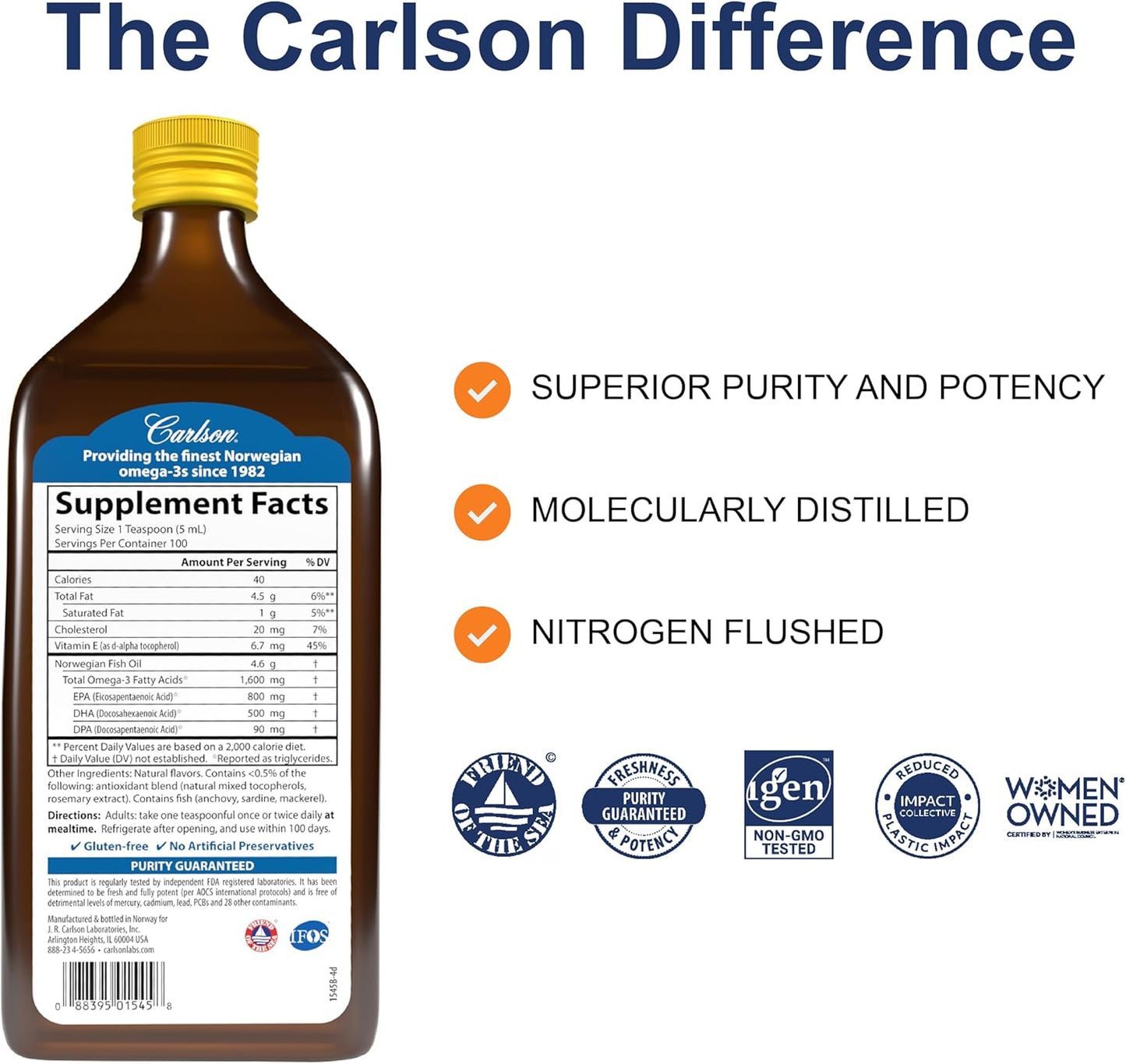 Bottle of Carlson supplements with label and branding on a white background