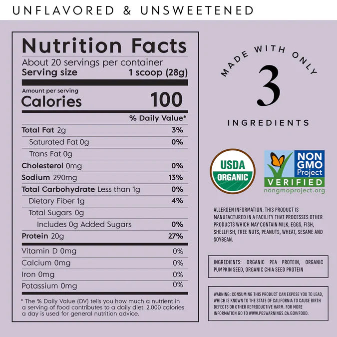Nutrition facts label for a product made with only three ingredients, including USDA Organic and Non-GMO Project Verified logos.