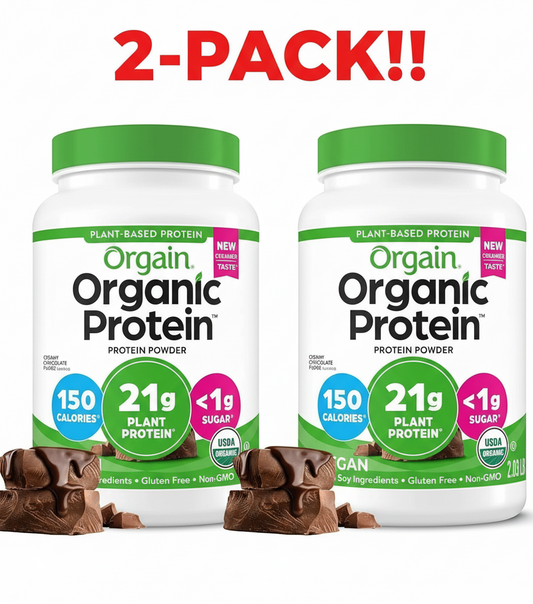 Two Orgain Organic Plant Based Protein Powder 2.03 lb tubs (Creamy Chocolate Fudge flavor) displayed side-by-side, clearly indicating "Double Pack" or "2-Pack Bundle.