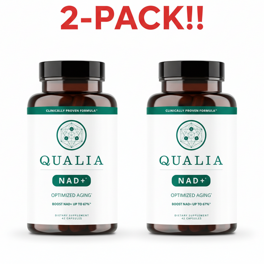 Two bottles of Qualia $\text{NAD}^+$ supplement, 42 capsules each, displayed as a 2-Pack Value Bundle (84 capsules total), emphasizing optimized aging and cellular energy.