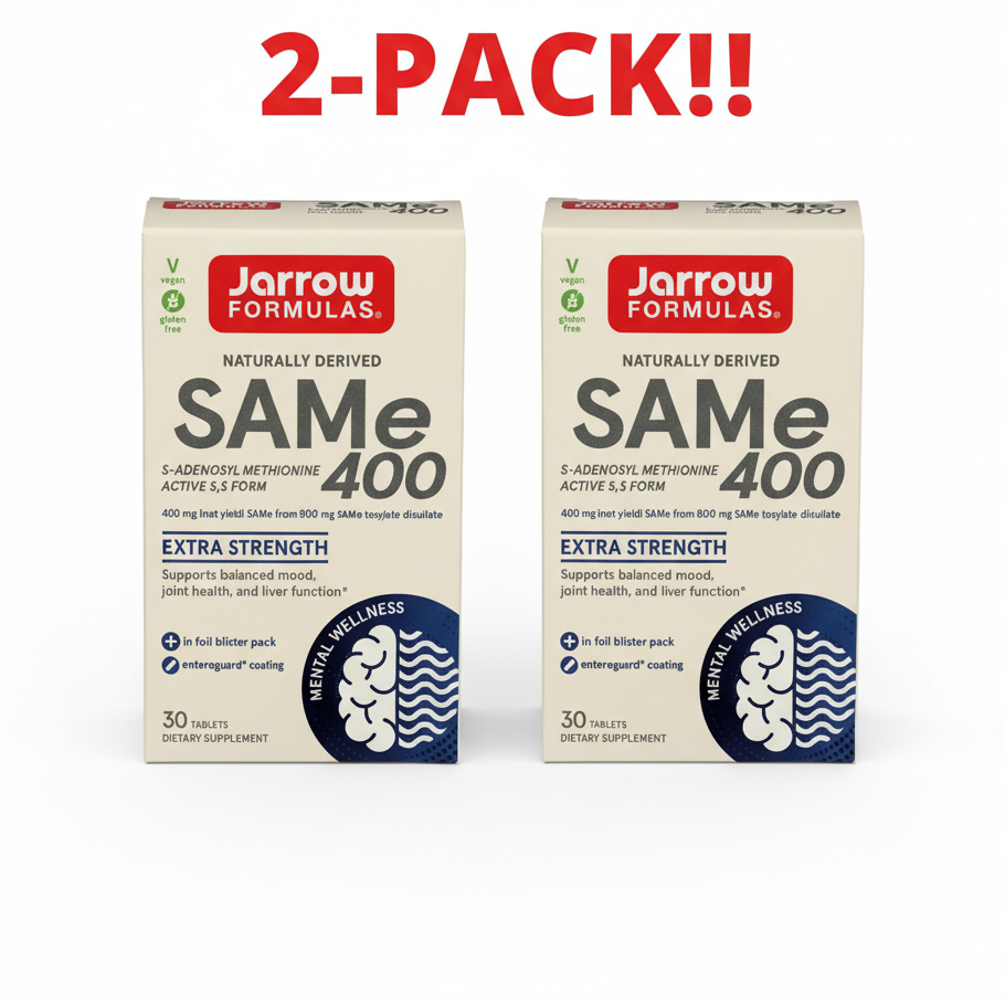 Two boxes of Jarrow Formulas SAMe 400 dietary supplements with '2-Pack!' text above.