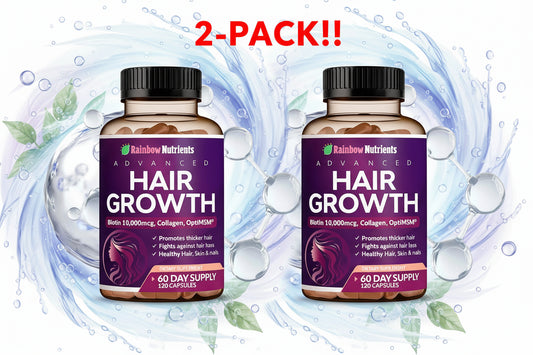 Hair growth supplement bottle with a purple label on a white background