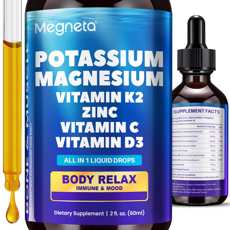 Supplement bottle with dropper labeled 'Megneta' containing various vitamins and minerals on a white background.