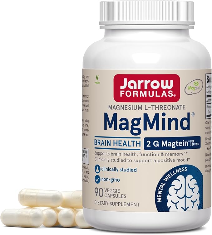 Jarrow Formulas Magnesium L-Threonate, MagMind Magtein Brain Supplements for Memory Support, 90 Veggie Capsules, Up to a 30 Day Supply