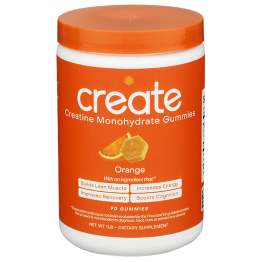 Container of 'create' Creatine Monohydrate Gummies with orange flavor on a white background