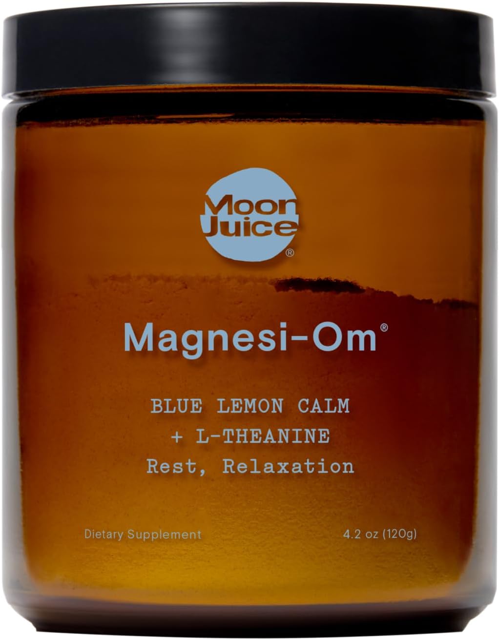 Moon Juice Magnesi-Om supplement jar with orange label and black lid.