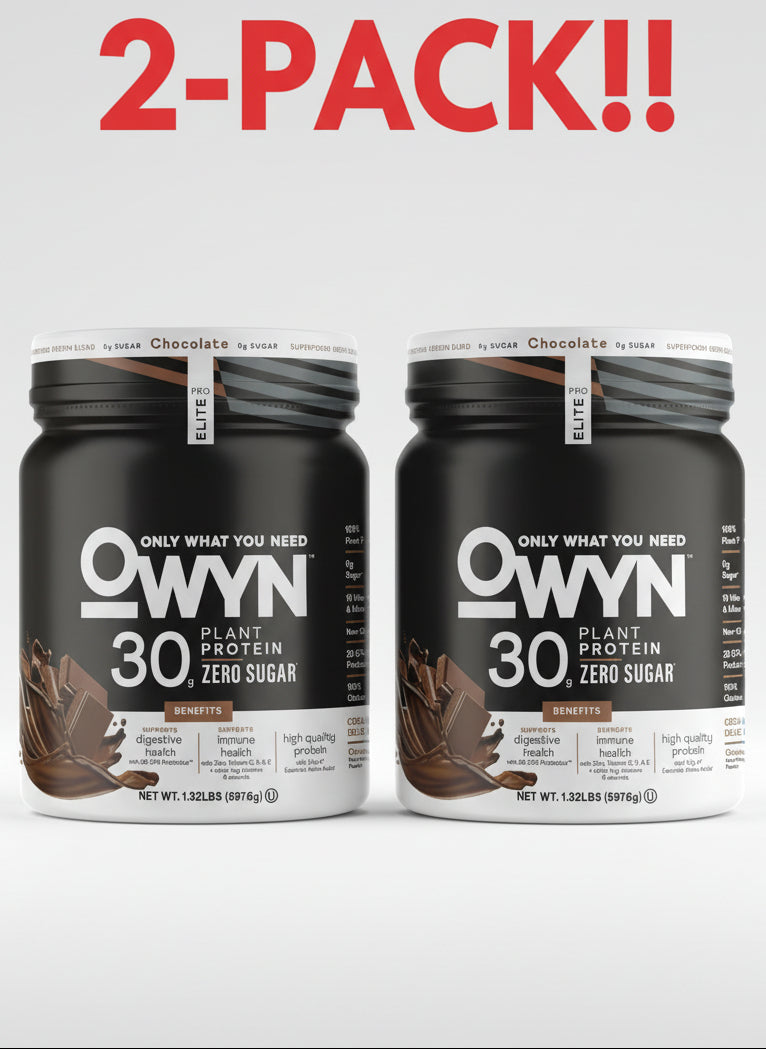 Two containers of OWYN plant protein powder on a white background with '2-Pack!!' text above.
