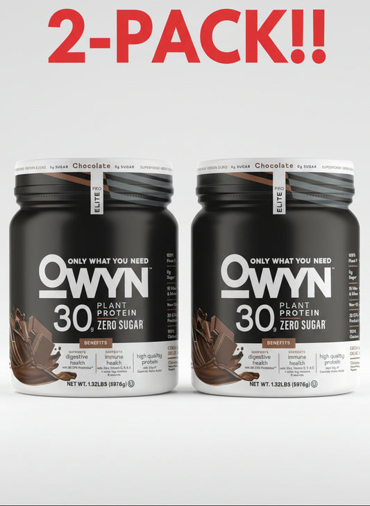 Two containers of OWYN plant protein powder on a white background with '2-Pack!!' text above.