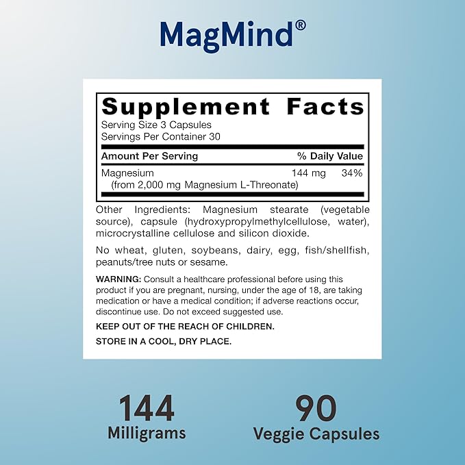 Jarrow Formulas Magnesium L-Threonate, MagMind Magtein Brain Supplements for Memory Support, 90 Veggie Capsules, Up to a 30 Day Supply