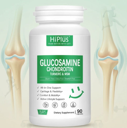HiPlus Glucosamine Chondroitin supplement bottle with knee illustration on a light green background