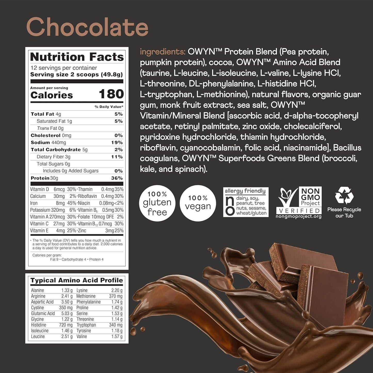 Chocolate product label with nutrition facts, ingredients, and certification logos on a dark background.