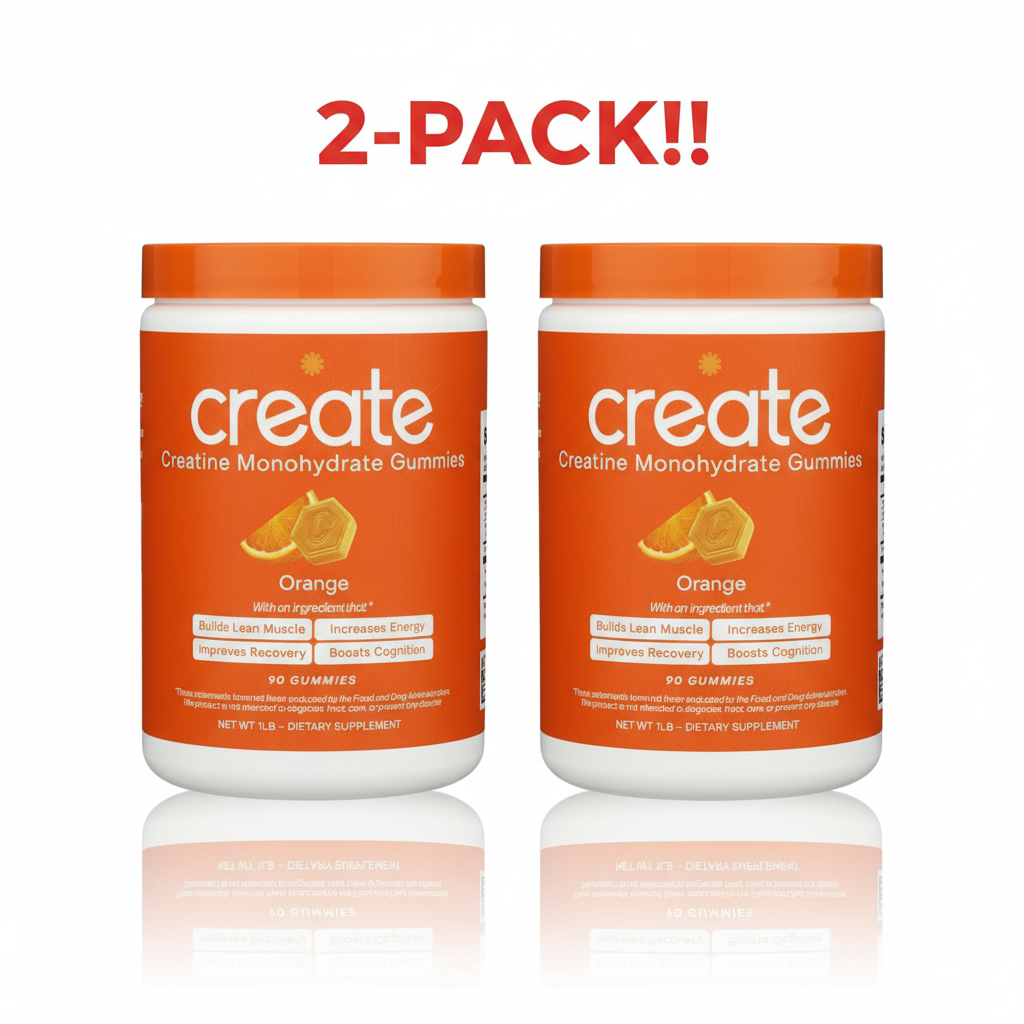Two Create Wellness Creatine Monohydrate Gummies bottles (90 count) displayed side-by-side, clearly indicating "Double Pack" or "2-Pack Bundle," and showing a pile of the orange gummies.