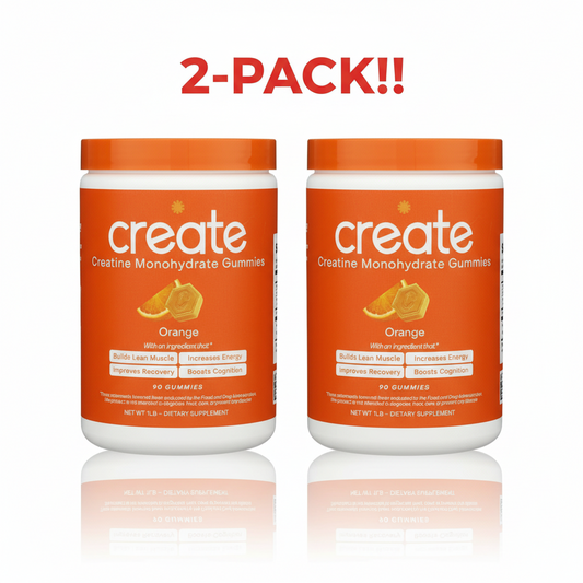 Two Create Wellness Creatine Monohydrate Gummies bottles (90 count) displayed side-by-side, clearly indicating "Double Pack" or "2-Pack Bundle," and showing a pile of the orange gummies.