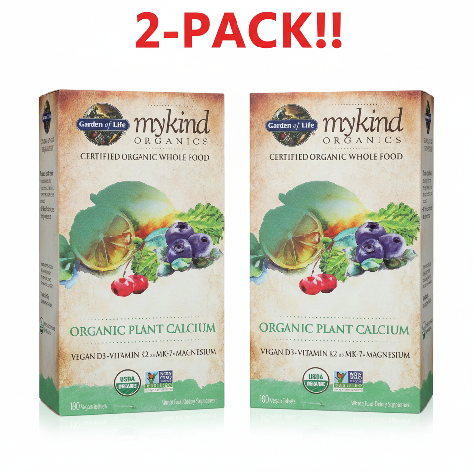 Two bottles of Garden of Life myKind Organics Plant Calcium, 180-count each. 2-Pack bundle providing 6 months of organic bone support.